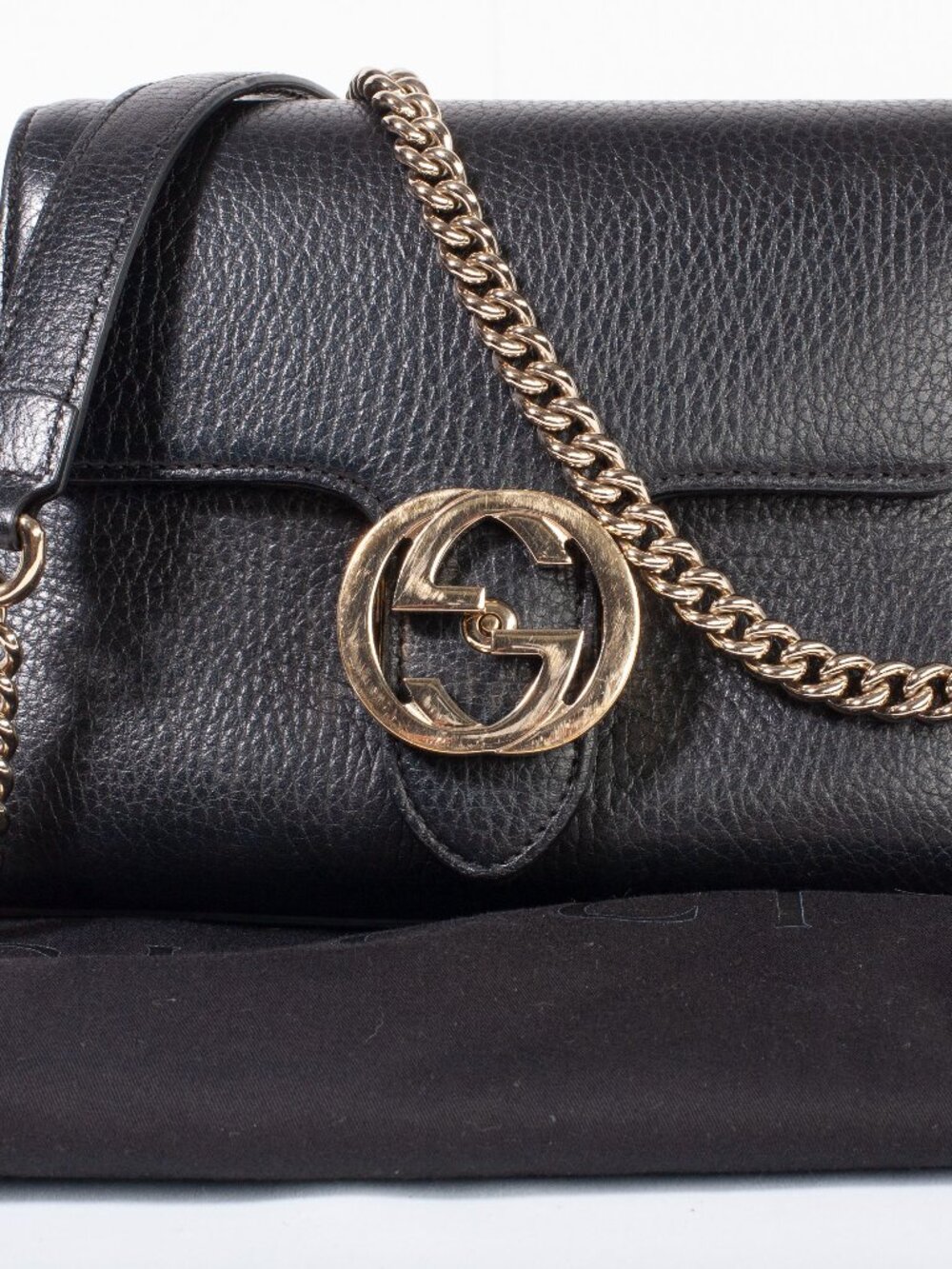 Authentic Black Gucci Dollar Calfskin Small Interlocking G Shoulder Bag